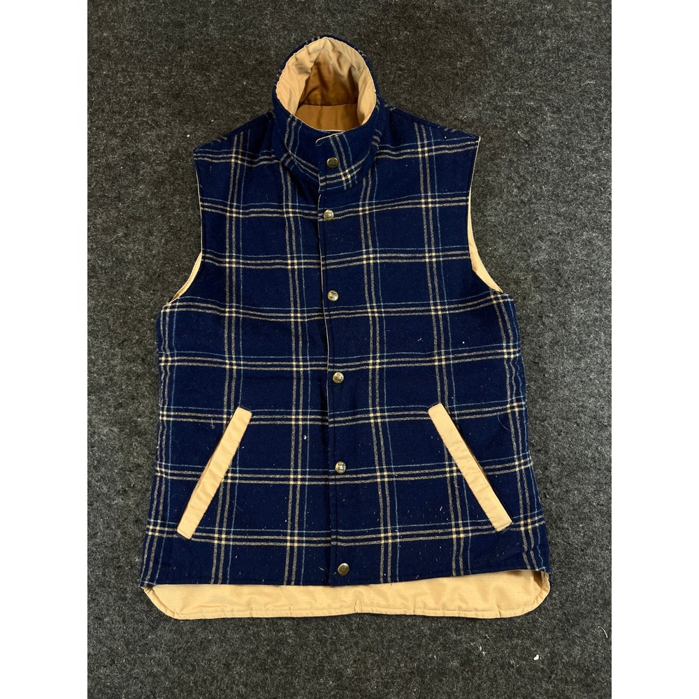 Vintage 80s Columbia Reversible Vest Mens M Navy Plaid Wool Canvas Snap Front